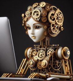 a doll faced robot types on a computer
